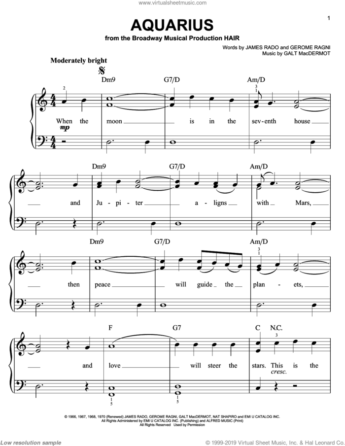 Aquarius sheet music for piano solo by The Fifth Dimension, easy skill level