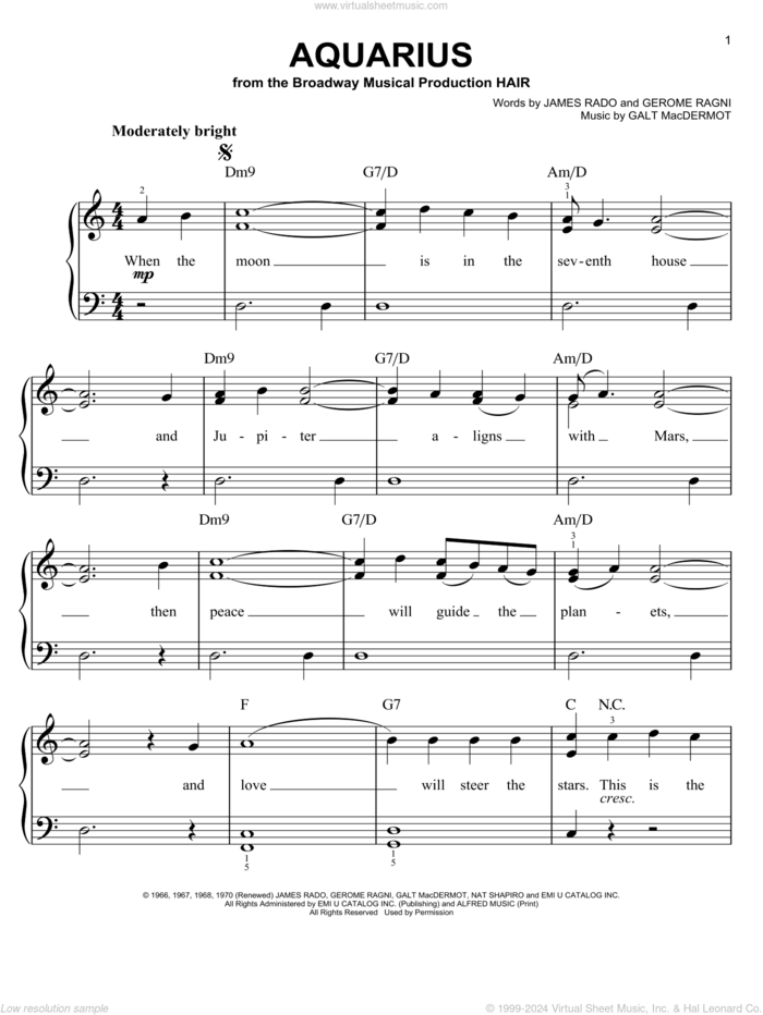 Aquarius sheet music for piano solo by The Fifth Dimension, easy skill level