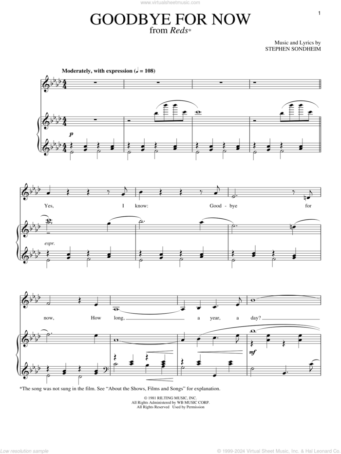 Goodbye For Now sheet music for voice and piano by Stephen Sondheim, intermediate skill level