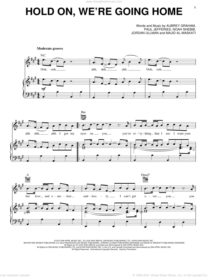 Hold On, We're Going Home sheet music for voice, piano or guitar by Drake, intermediate skill level
