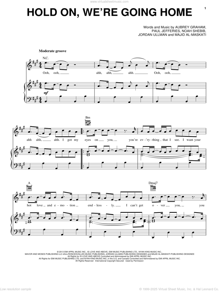 Hold On, We're Going Home sheet music for voice, piano or guitar by Drake, intermediate skill level