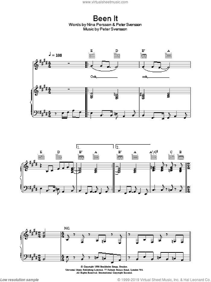 Been It sheet music for voice, piano or guitar by The Cardigans, Nina Persson and Peter Svensson, intermediate skill level