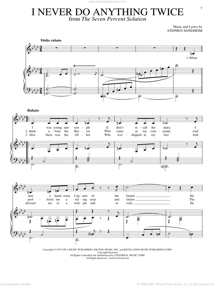 I Never Do Anything Twice sheet music for voice and piano by Stephen Sondheim, intermediate skill level