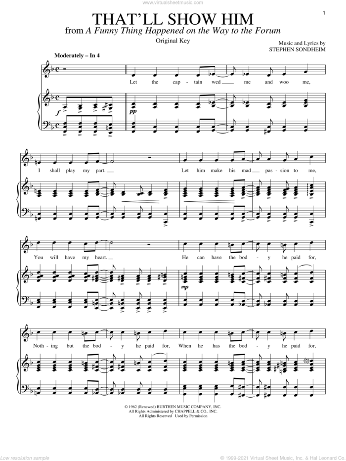 That'll Show Him sheet music for voice and piano by Stephen Sondheim, intermediate skill level