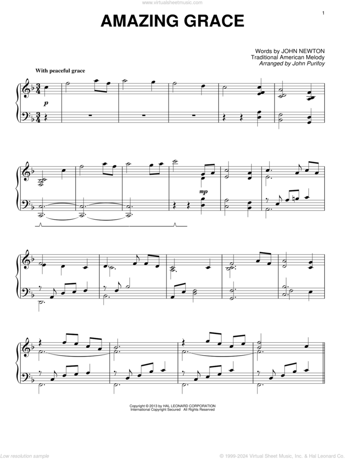 Amazing Grace sheet music for piano solo by John Purifoy, Edwin O. Excell and John Newton, wedding score, intermediate skill level