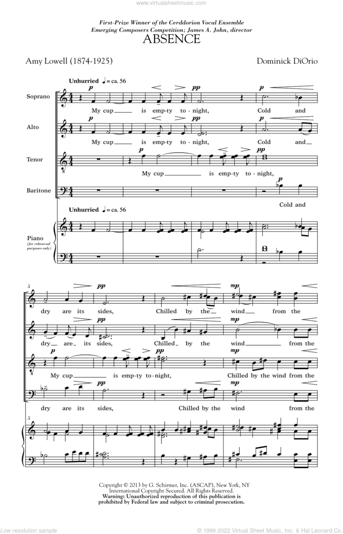 Absence sheet music for choir (SATB: soprano, alto, tenor, bass) by Dominick Diorio, intermediate skill level