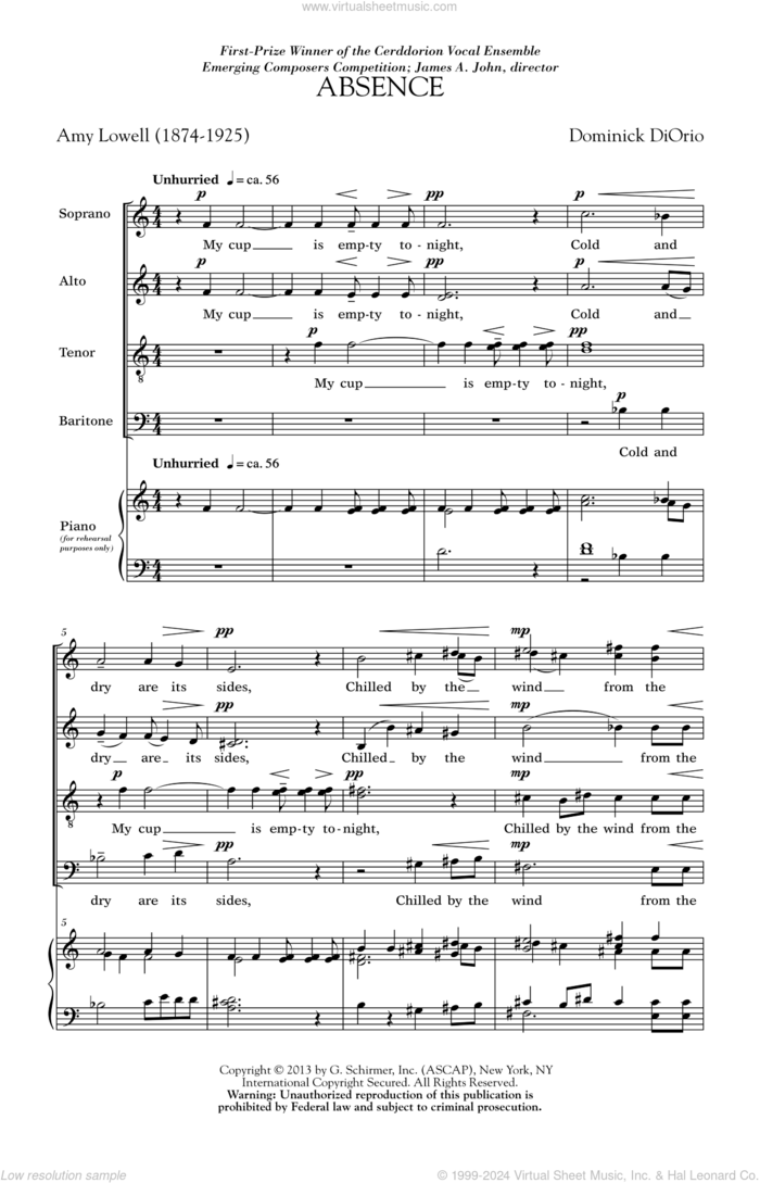 Absence sheet music for choir (SATB: soprano, alto, tenor, bass) by Dominick Diorio, intermediate skill level