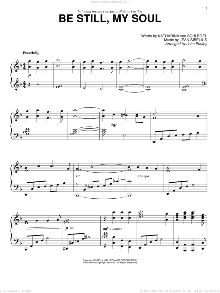 Be Still My Soul (arr. Jon Purifoy) sheet music for piano solo by Jean Sibelius and John Purifoy, intermediate skill level