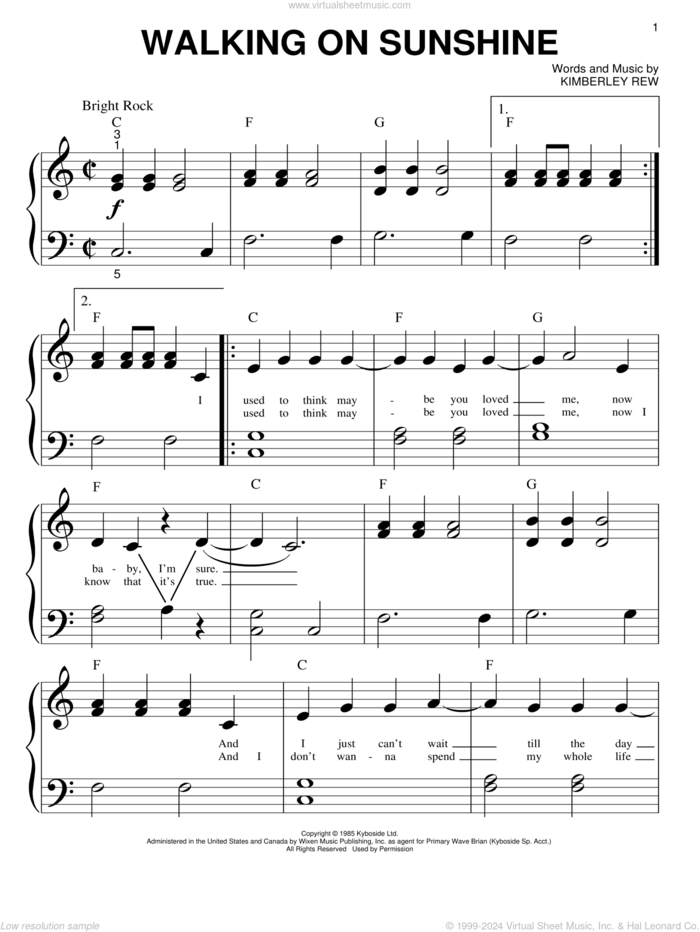 Walking On Sunshine sheet music for piano solo (big note book) by Katrina And The Waves and Kimberley Rew, easy piano (big note book)
