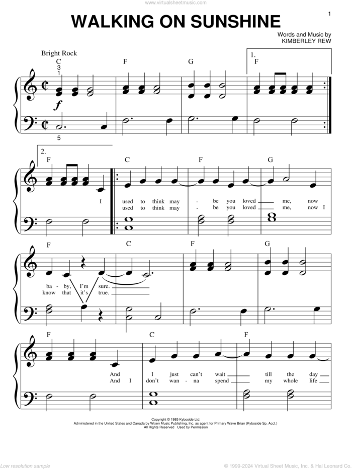 Walking On Sunshine sheet music for piano solo (big note book) by Katrina And The Waves and Kimberley Rew, easy piano (big note book)