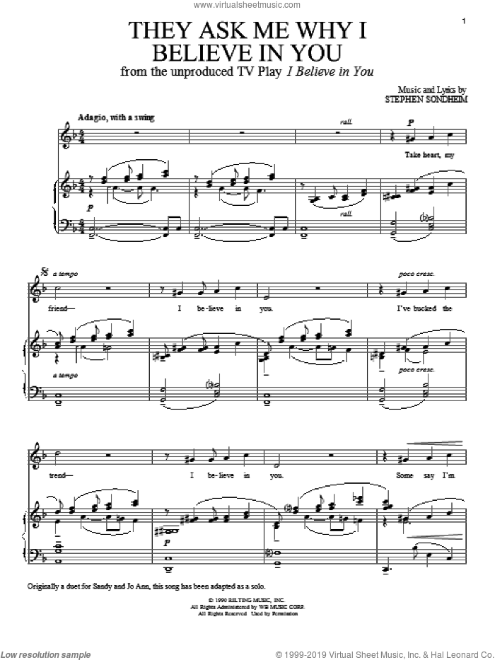 They Ask Me Why I Believe In You sheet music for voice and piano by Stephen Sondheim, intermediate skill level