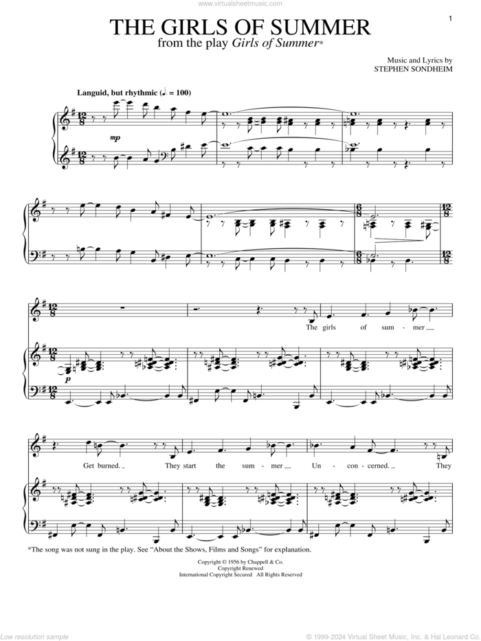 The Girls Of Summer sheet music for voice and piano by Stephen Sondheim, intermediate skill level