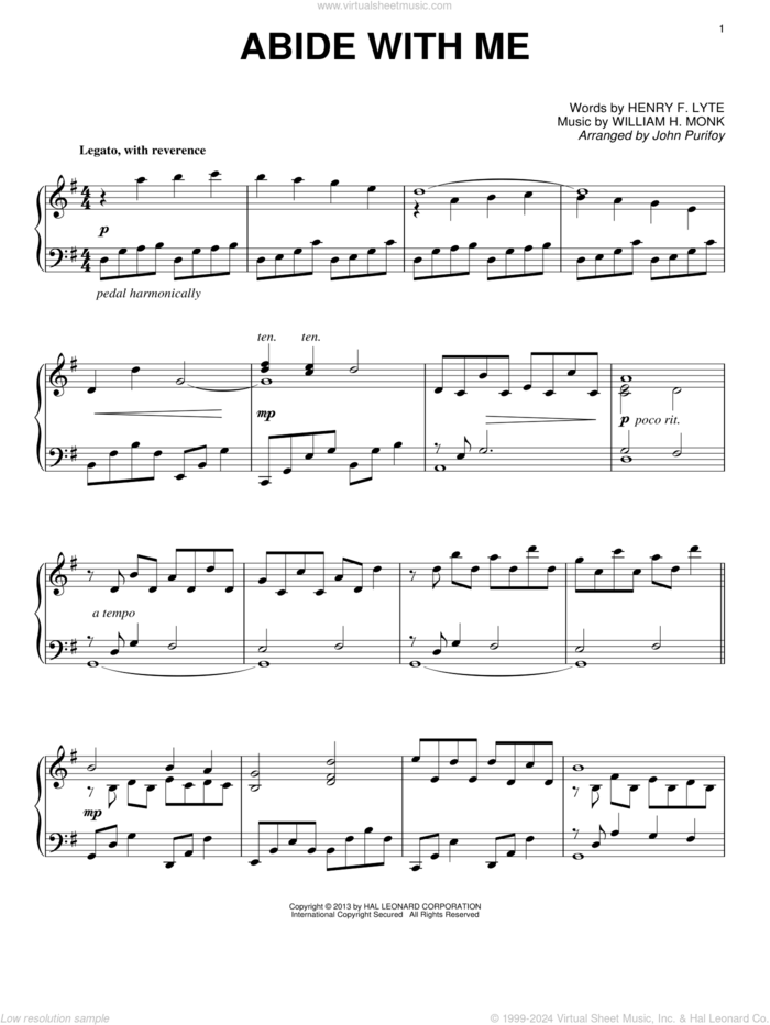 Abide With Me sheet music for piano solo by John Purifoy, Henry F. Lyte and William Henry Monk, intermediate skill level