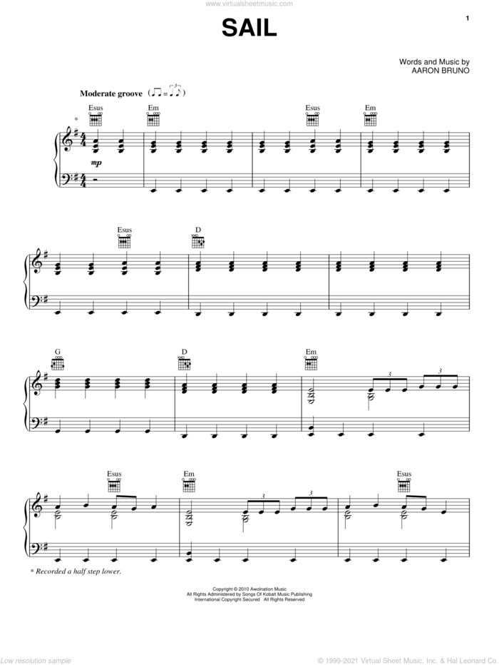 Sail sheet music for voice, piano or guitar by Awolnation and Aaron Bruno, intermediate skill level