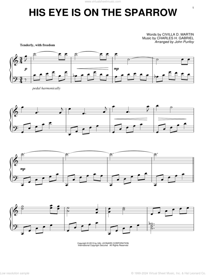 His Eye Is On The Sparrow sheet music for piano solo by John Purifoy, Charles H. Gabriel and Civilla D. Martin, intermediate skill level