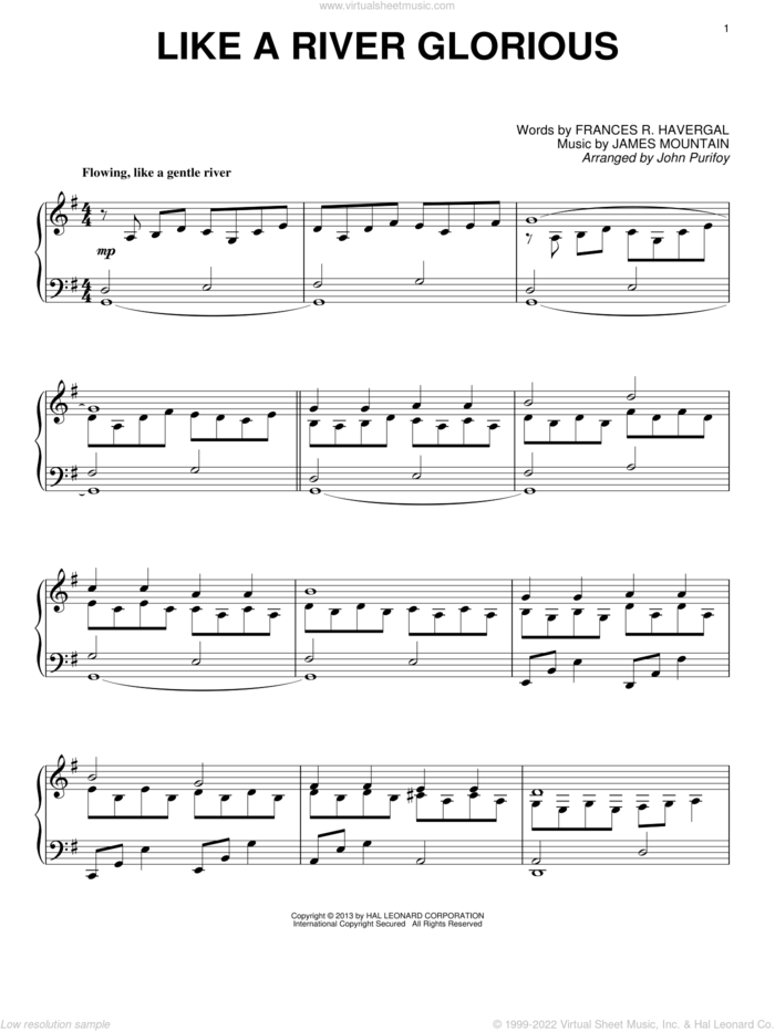 Like A River Glorious sheet music for piano solo by John Purifoy and James Mountain, intermediate skill level