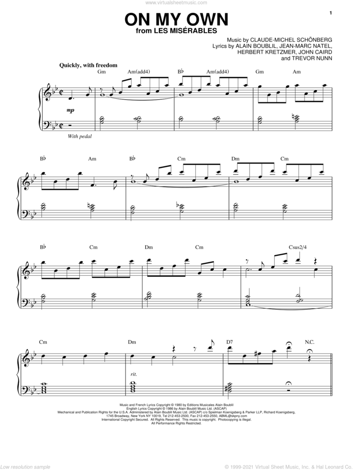 On My Own (from Les Miserables) sheet music for voice and piano by Claude-Michel Schonberg and Alain Boublil, intermediate skill level