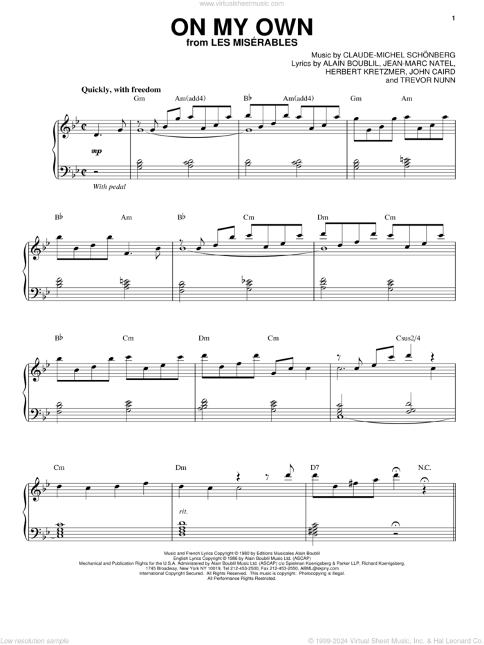 On My Own (from Les Miserables) sheet music for voice and piano by Claude-Michel Schonberg and Alain Boublil, intermediate skill level