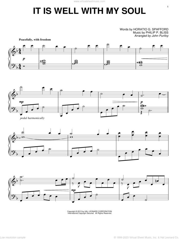 It Is Well With My Soul sheet music for piano solo by John Purifoy, Horatio G. Spafford and Philip P. Bliss, intermediate skill level