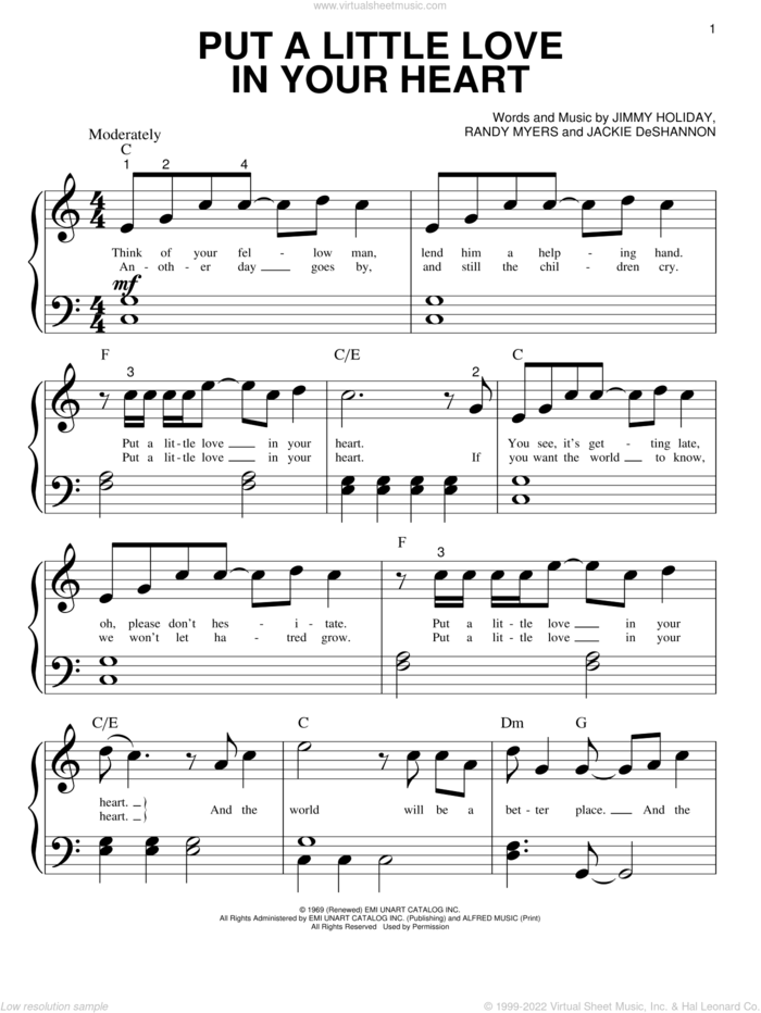 Put A Little Love In Your Heart sheet music for piano solo (big note book) by Jackie DeShannon and Jacki De Shannon, easy piano (big note book)