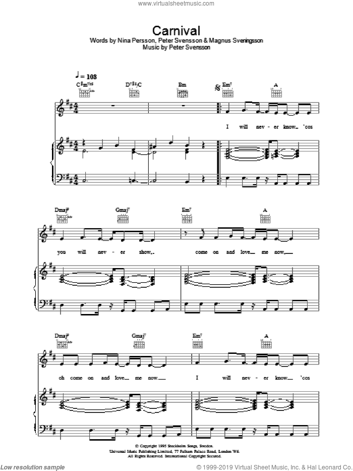 Carnival sheet music for voice, piano or guitar by The Cardigans, Magnus Sveningsson, Nina Persson and Peter Svensson, intermediate skill level