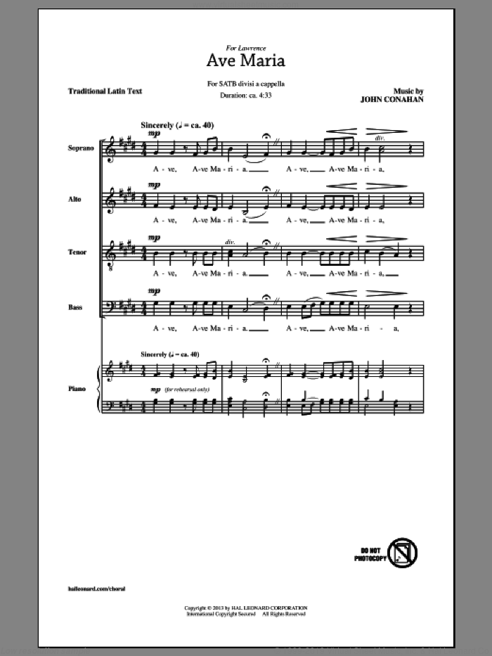 Ave Maria sheet music for choir (SATB: soprano, alto, tenor, bass) by John Conahan, intermediate skill level