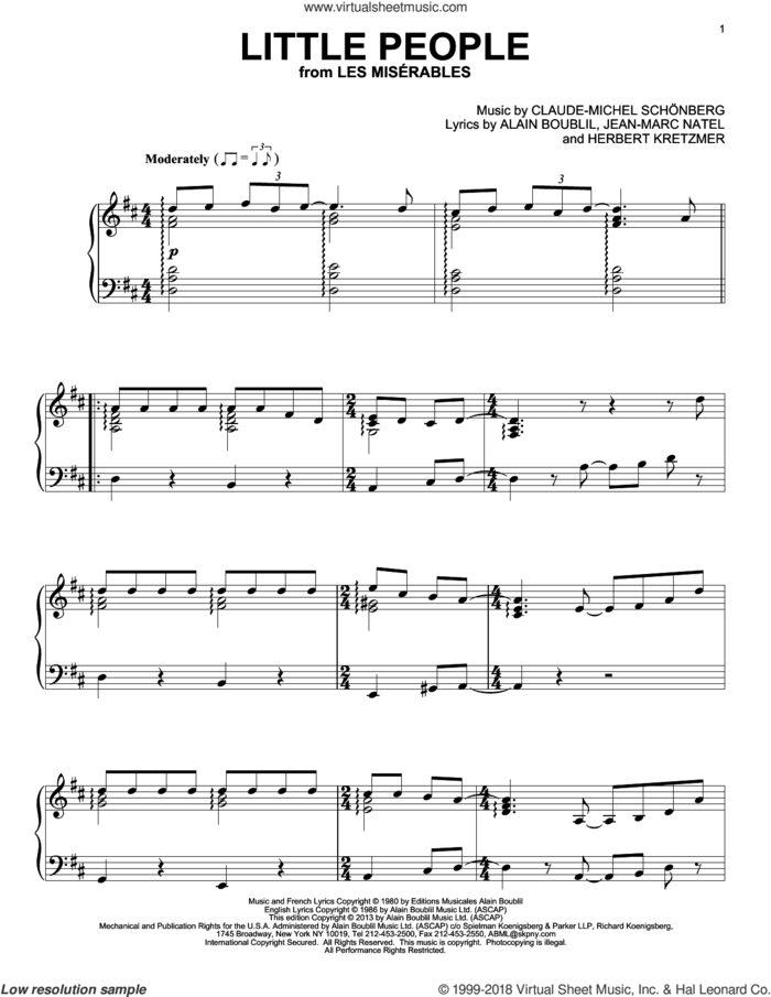 Little People sheet music for piano solo by Claude-Michel Schonberg, Alain Boublil, Herbert Kretzmer and Jean-Marc Natel, intermediate skill level