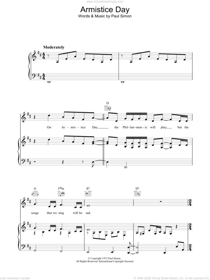 Armistice Day sheet music for voice, piano or guitar by Paul Simon, intermediate skill level