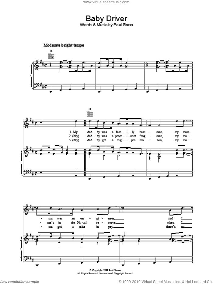 Baby Driver sheet music for voice, piano or guitar by Simon & Garfunkel and Paul Simon, intermediate skill level