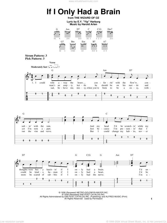 If I Only Had A Brain sheet music for guitar solo (easy tablature) by Harold Arlen and E.Y. Harburg, easy guitar (easy tablature)