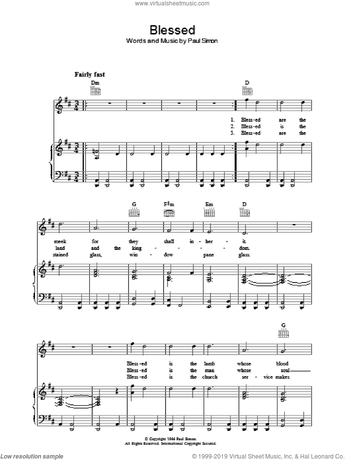 Blessed sheet music for voice, piano or guitar by Simon & Garfunkel and Paul Simon, intermediate skill level