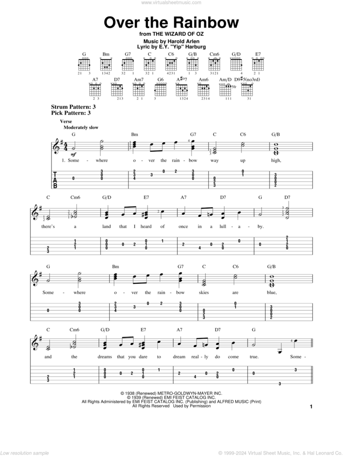 Over The Rainbow sheet music for guitar solo (easy tablature) by Harold Arlen and E.Y. Harburg, easy guitar (easy tablature)