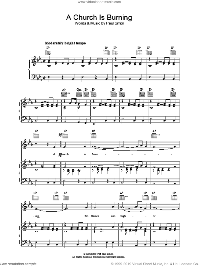 A Church Is Burning sheet music for voice, piano or guitar by Simon & Garfunkel and Paul Simon, intermediate skill level