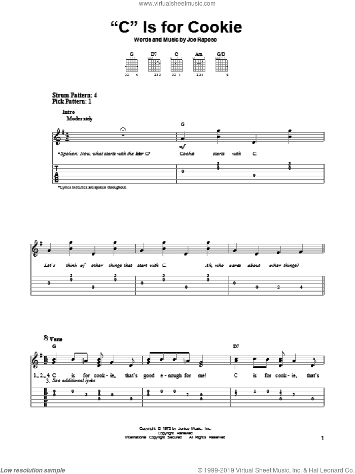'C' Is For Cookie sheet music for guitar solo (easy tablature) by The Cookie Monster and Joe Raposo, easy guitar (easy tablature)