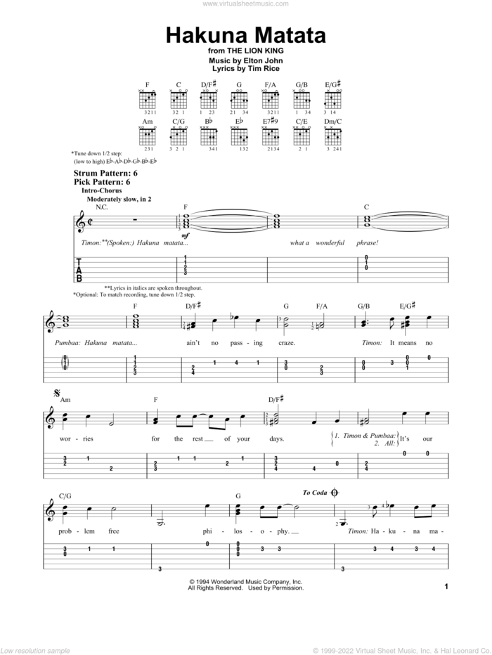Hakuna Matata (from The Lion King) sheet music for guitar solo (easy tablature) by Tim Rice and Elton John, easy guitar (easy tablature)