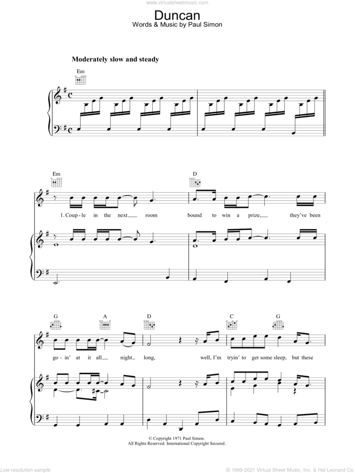 Duncan sheet music for voice, piano or guitar by Paul Simon, intermediate skill level