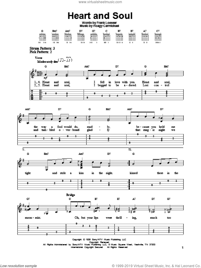 Heart And Soul sheet music for guitar solo (easy tablature) by Hoagy Carmichael and Frank Loesser, easy guitar (easy tablature)