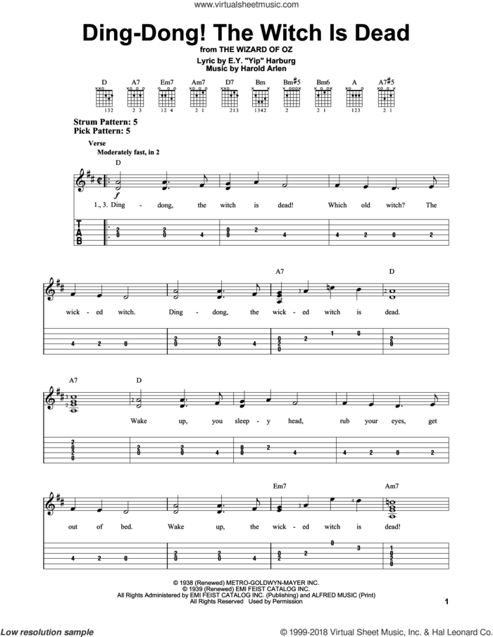 Ding-Dong! The Witch Is Dead sheet music for guitar solo (easy tablature) by Harold Arlen and E.Y. Harburg, easy guitar (easy tablature)