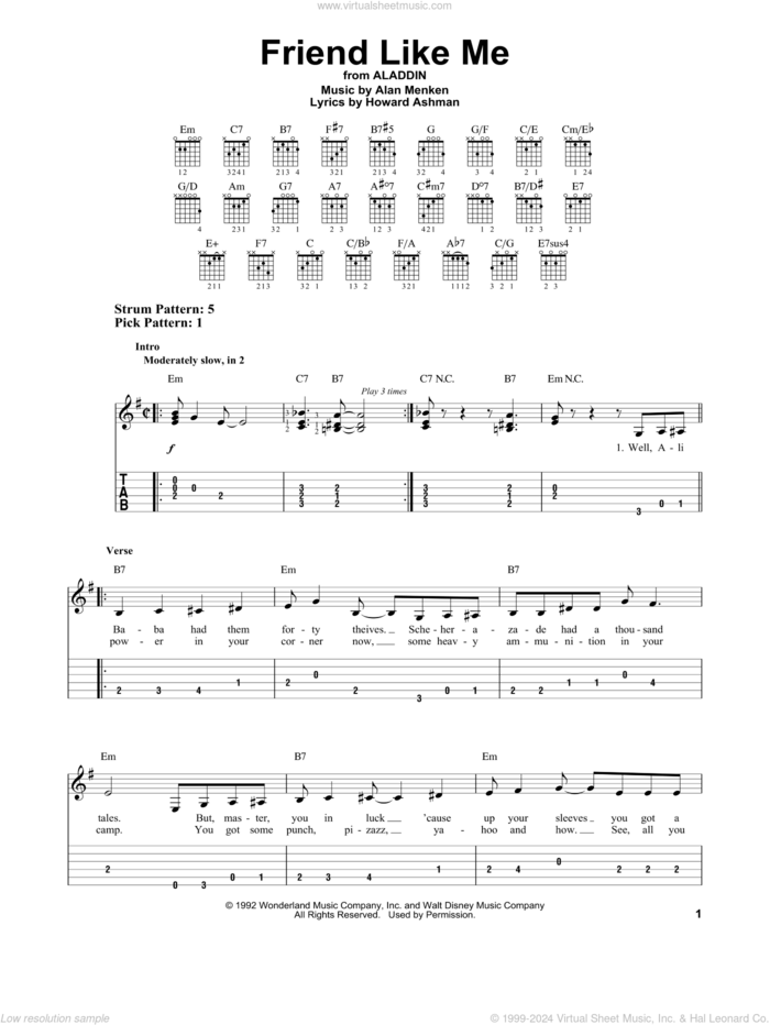 Friend Like Me (from Aladdin) sheet music for guitar solo (easy tablature) by Alan Menken, Alan Menken & Howard Ashman and Howard Ashman, easy guitar (easy tablature)