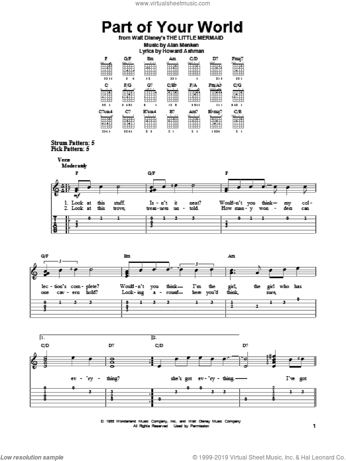 Part Of Your World (from The Little Mermaid) sheet music for guitar solo (easy tablature) by Alan Menken, Alan Menken & Howard Ashman and Howard Ashman, easy guitar (easy tablature)