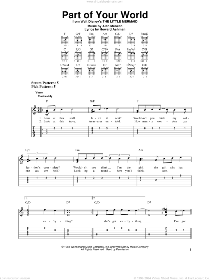 Part Of Your World (from The Little Mermaid) sheet music for guitar solo (easy tablature) by Alan Menken, Alan Menken & Howard Ashman and Howard Ashman, easy guitar (easy tablature)