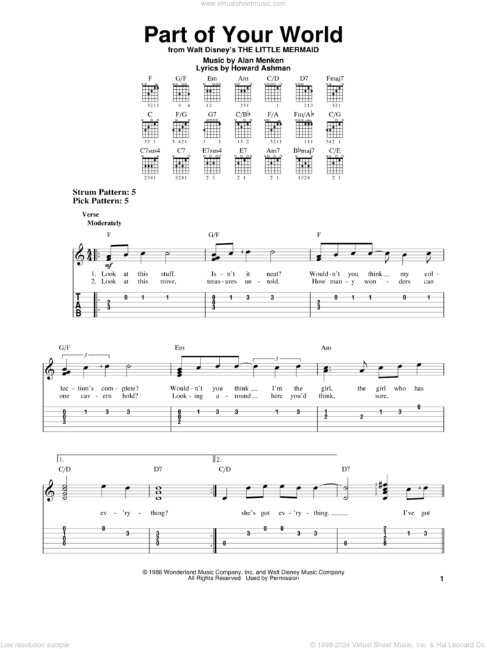 Part Of Your World (from The Little Mermaid) sheet music for guitar solo (easy tablature) by Alan Menken, Alan Menken & Howard Ashman and Howard Ashman, easy guitar (easy tablature)