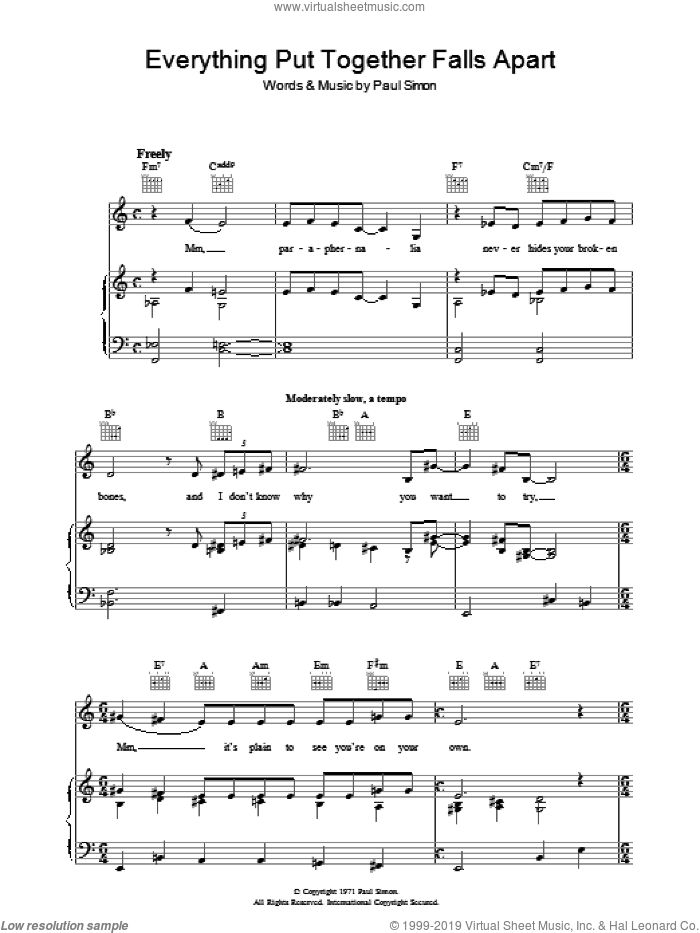 Everything Put Together Falls Apart sheet music for voice, piano or guitar by Paul Simon, intermediate skill level