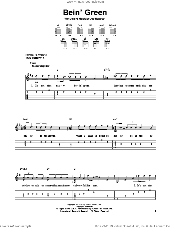 Bein' Green sheet music for guitar solo (easy tablature) by Kermit The Frog, easy guitar (easy tablature)