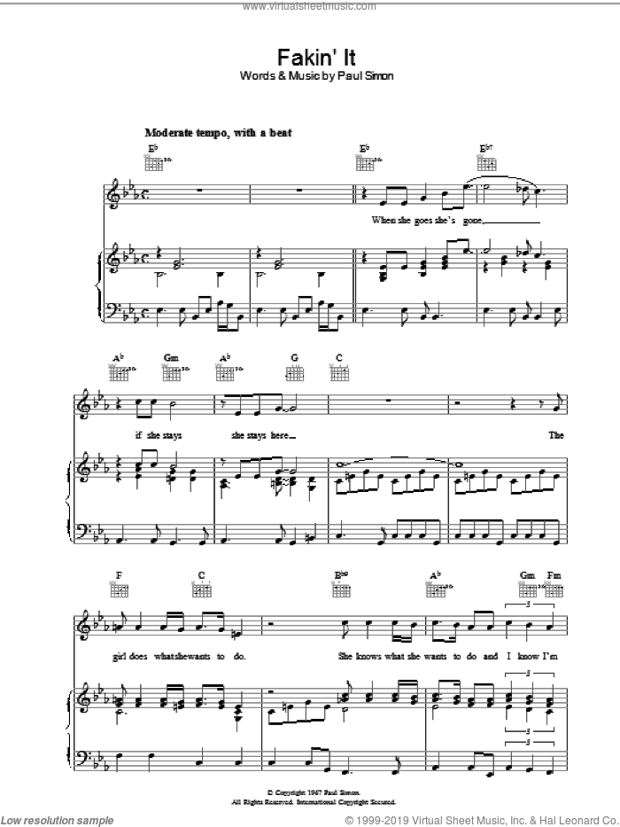 Fakin' It sheet music for voice, piano or guitar by Simon & Garfunkel and Paul Simon, intermediate skill level