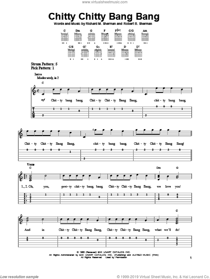Chitty Chitty Bang Bang sheet music for guitar solo (easy tablature) by Richard M. Sherman and Robert B. Sherman, easy guitar (easy tablature)