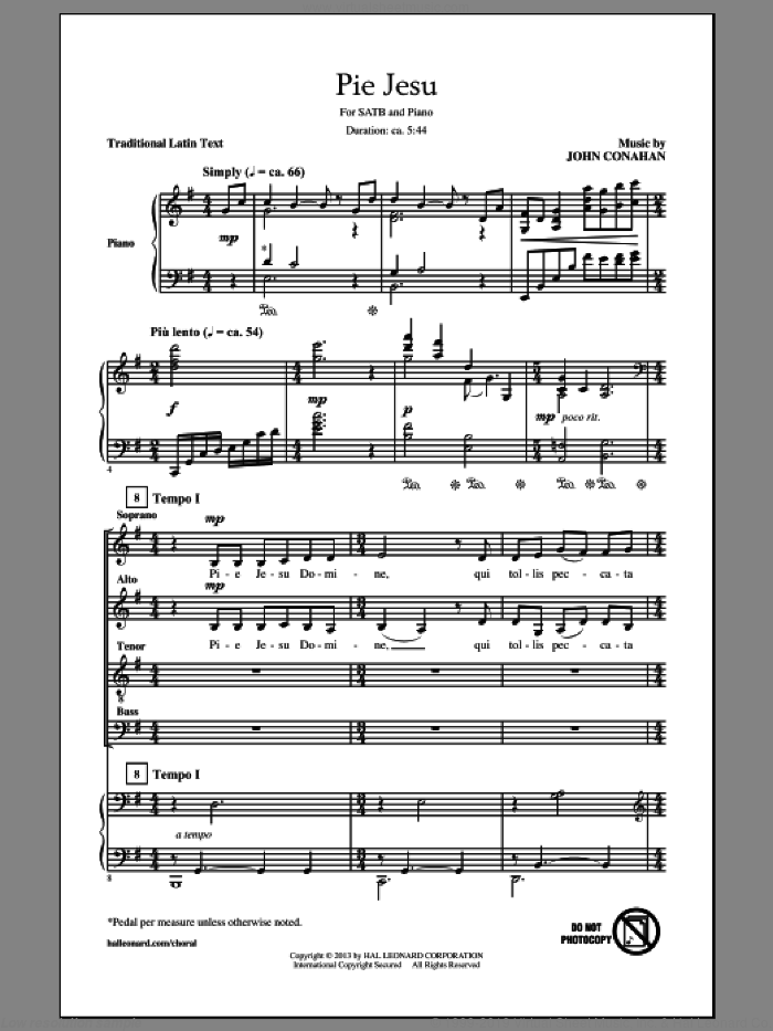 Pie Jesu sheet music for choir (SATB: soprano, alto, tenor, bass) by John Conahan, intermediate skill level