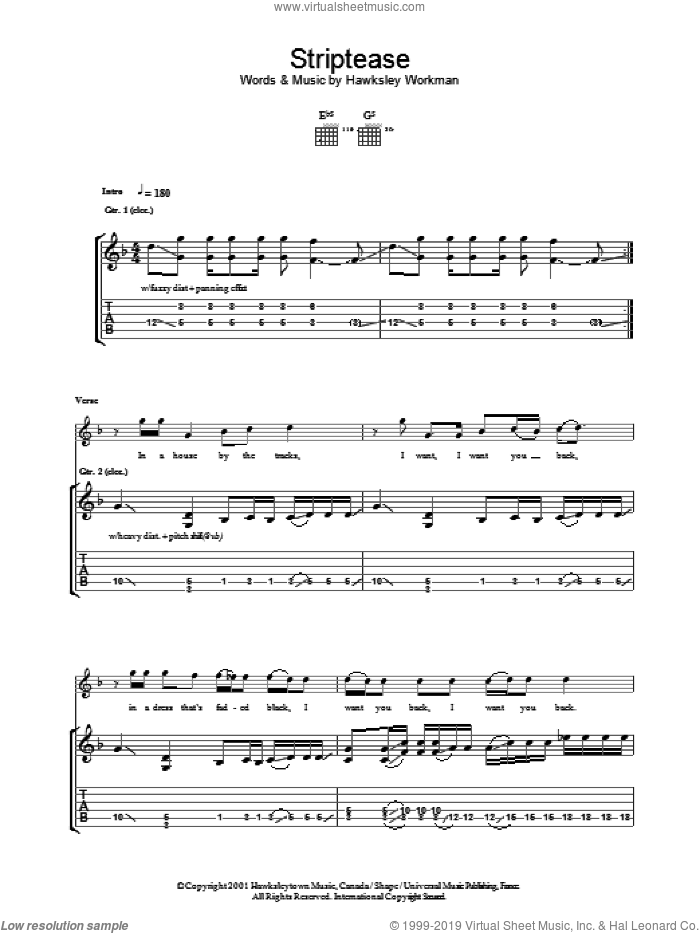 Striptease sheet music for guitar (tablature) by Hawksley Workman, intermediate skill level
