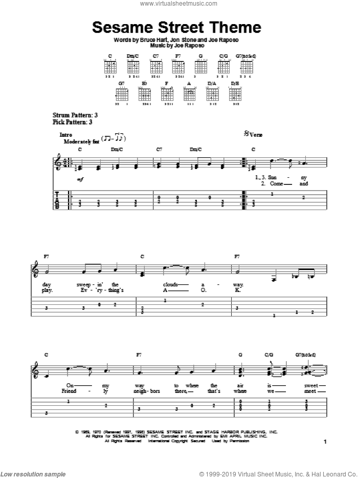 Sesame Street Theme sheet music for guitar solo (easy tablature) by Jon Stone, Bruce Hart and Joe Raposo, easy guitar (easy tablature)