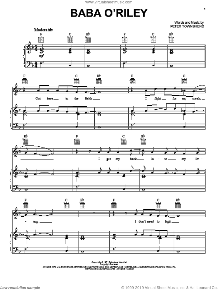 Baba O'Riley sheet music for voice, piano or guitar by The Who, intermediate skill level